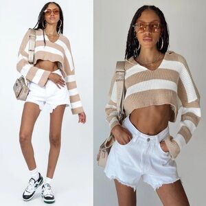 Princess Polly Benson Cropped Sweater in Beige White New NWT